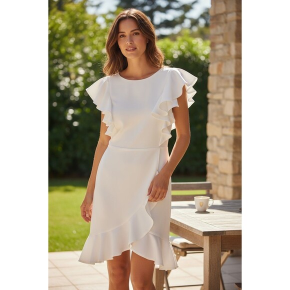 Selfie Leslie NWT New Frill Dress White Medium Mini Length Ruffle Ruffle B7 Nice - Picture 1 of 8